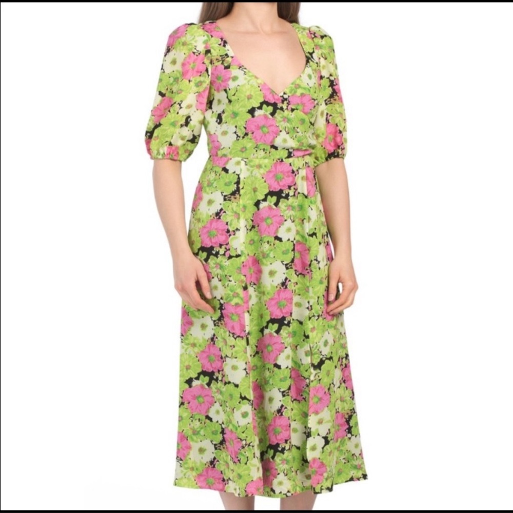 Wayf Floral Midi Dress - Green and Pink